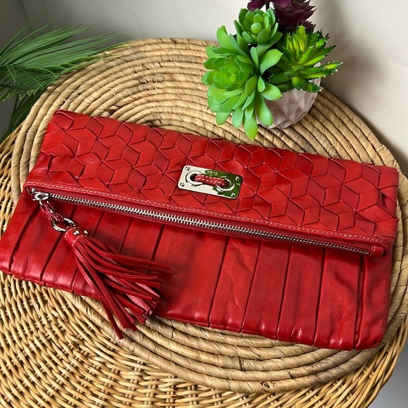 NWOT Rafe New York Red Leather Large Clutch Envelope Tassel Zippered - Picture 1 of 15